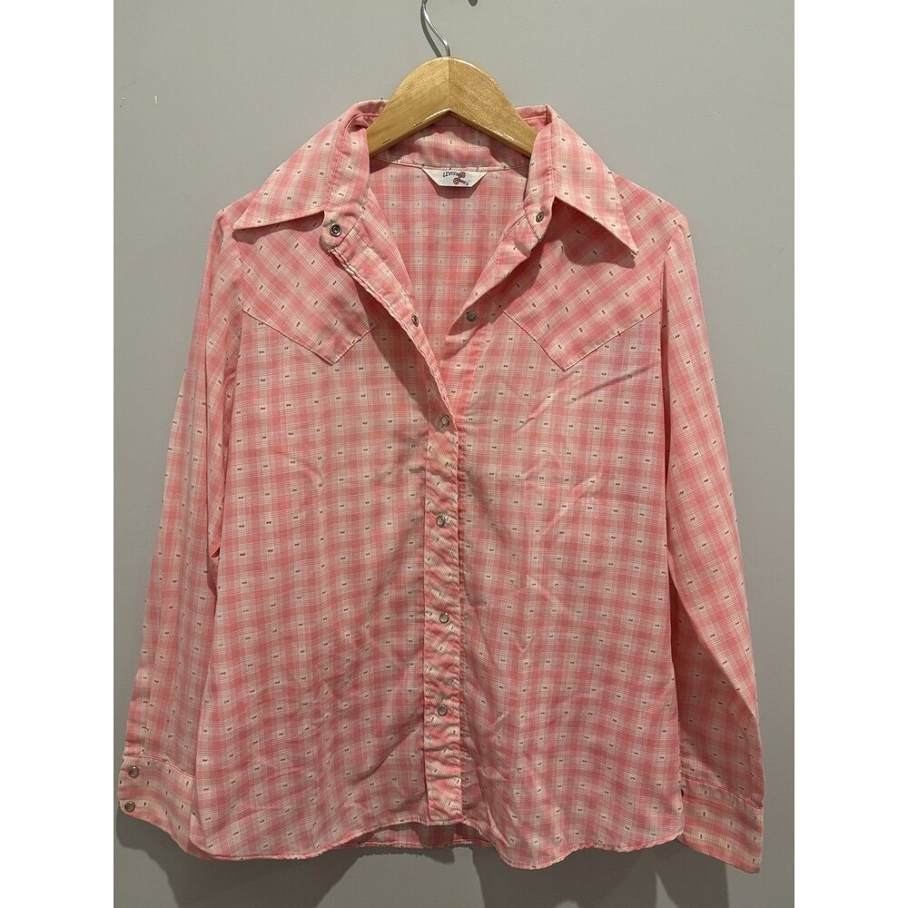 Vintage Levi’s Button Up Shirt Gingham Pink And White Western Rodeo Size M